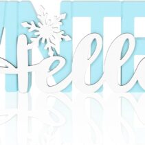 COCHIE Wooden Hello Winter Sign, Holidays Snowflake Decorations for Home, Office, Shelf, Mantel, Indoor, Wood White Snowflake Decor, Blue Table Top Party Supplies Decoration (Winter)