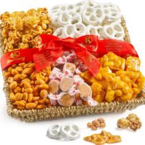 KREMERY Creamy Chocolate Cravings Fathers Day Treats, Chocolate Covered Pretzels, Nuts, Candy & Caramel Popcorn (Classic, 1.5 lbs) Sweet Treats in Seagrass Tray with Ribbon Kosher Arrangement