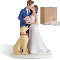 Storieme Bride Groom Cake Topper: Couple and Pet Dog Resin Figurine with Secure Base - Newlyweds Family Gifts for Wedding Anniversary & Engagement