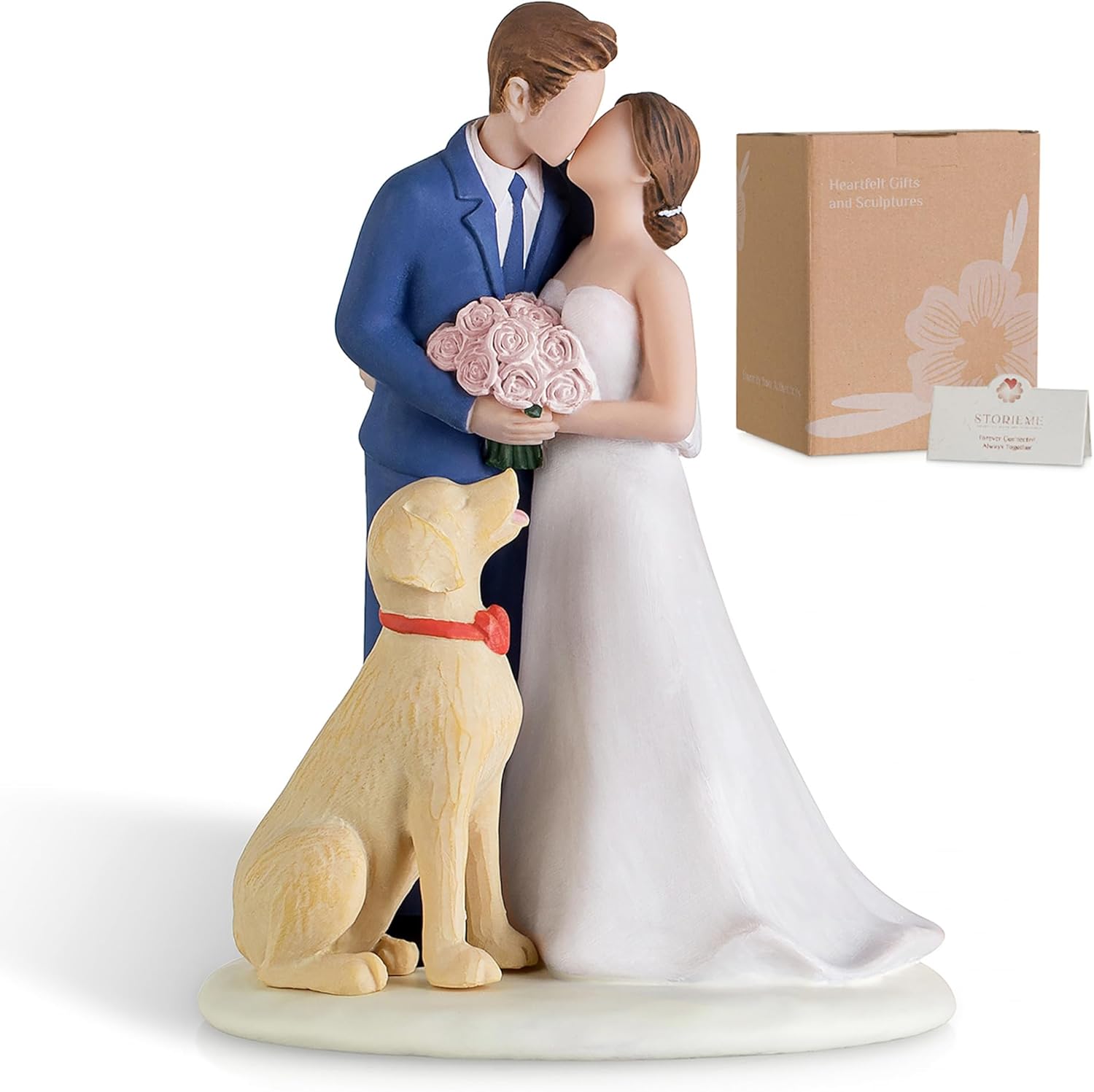 Storieme Bride Groom Cake Topper: Couple and Pet Dog Resin Figurine with Secure Base - Newlyweds Family Gifts for Wedding Anniversary & Engagement