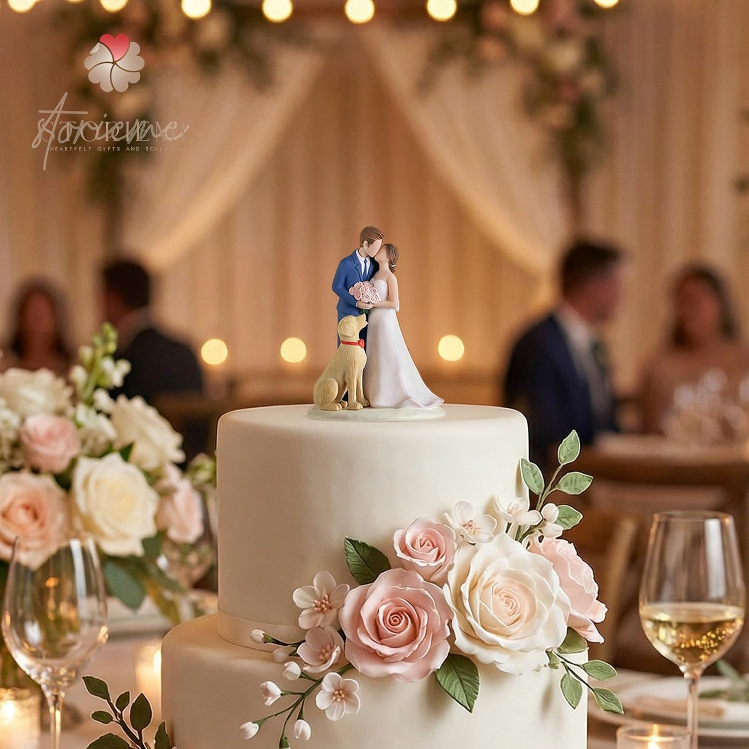 Storieme Bride Groom Cake Topper: Couple and Pet Dog Resin Figurine with Secure Base - Newlyweds Family Gifts for Wedding Anniversary & Engagement - Image 2