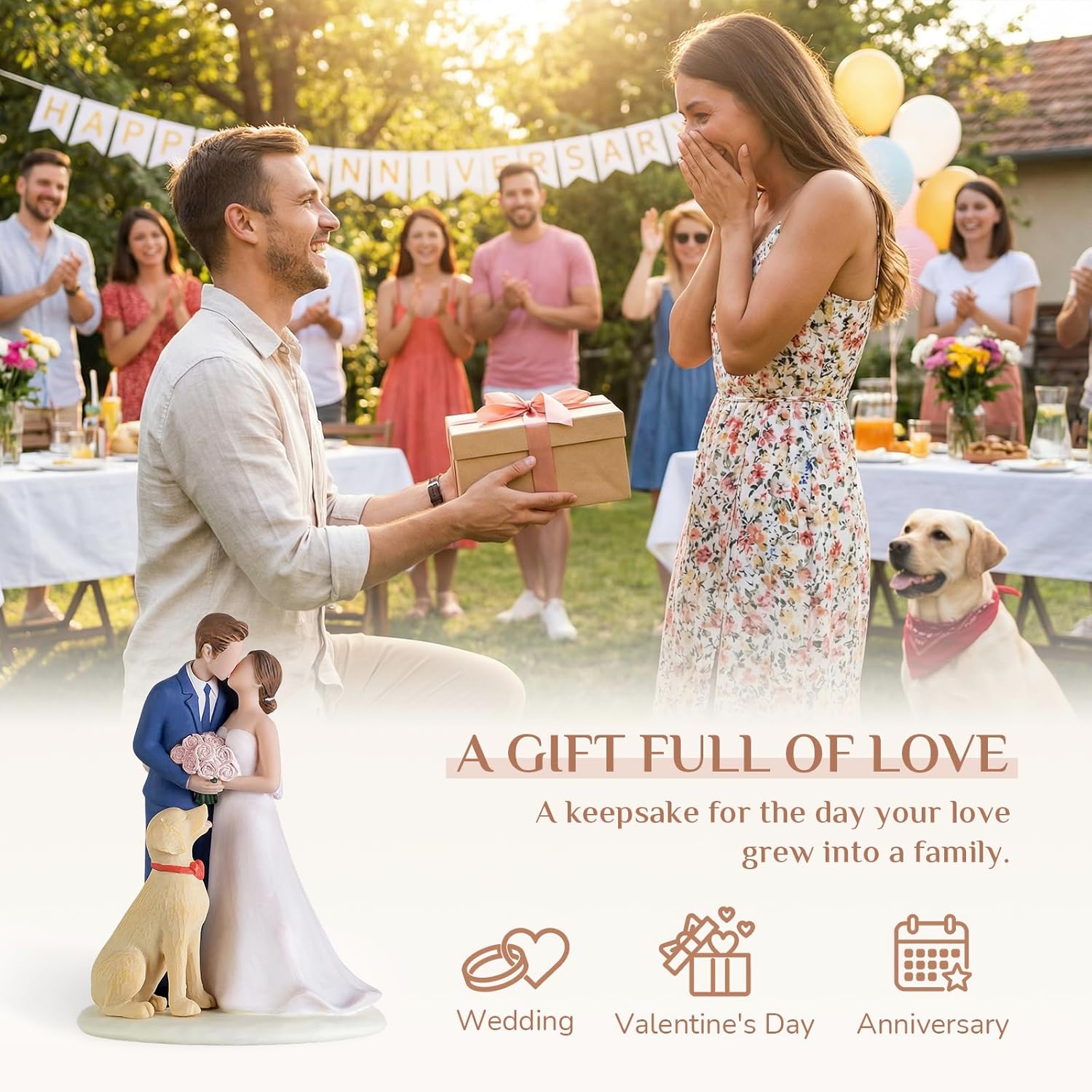Storieme Bride Groom Cake Topper: Couple and Pet Dog Resin Figurine with Secure Base - Newlyweds Family Gifts for Wedding Anniversary & Engagement - Image 6