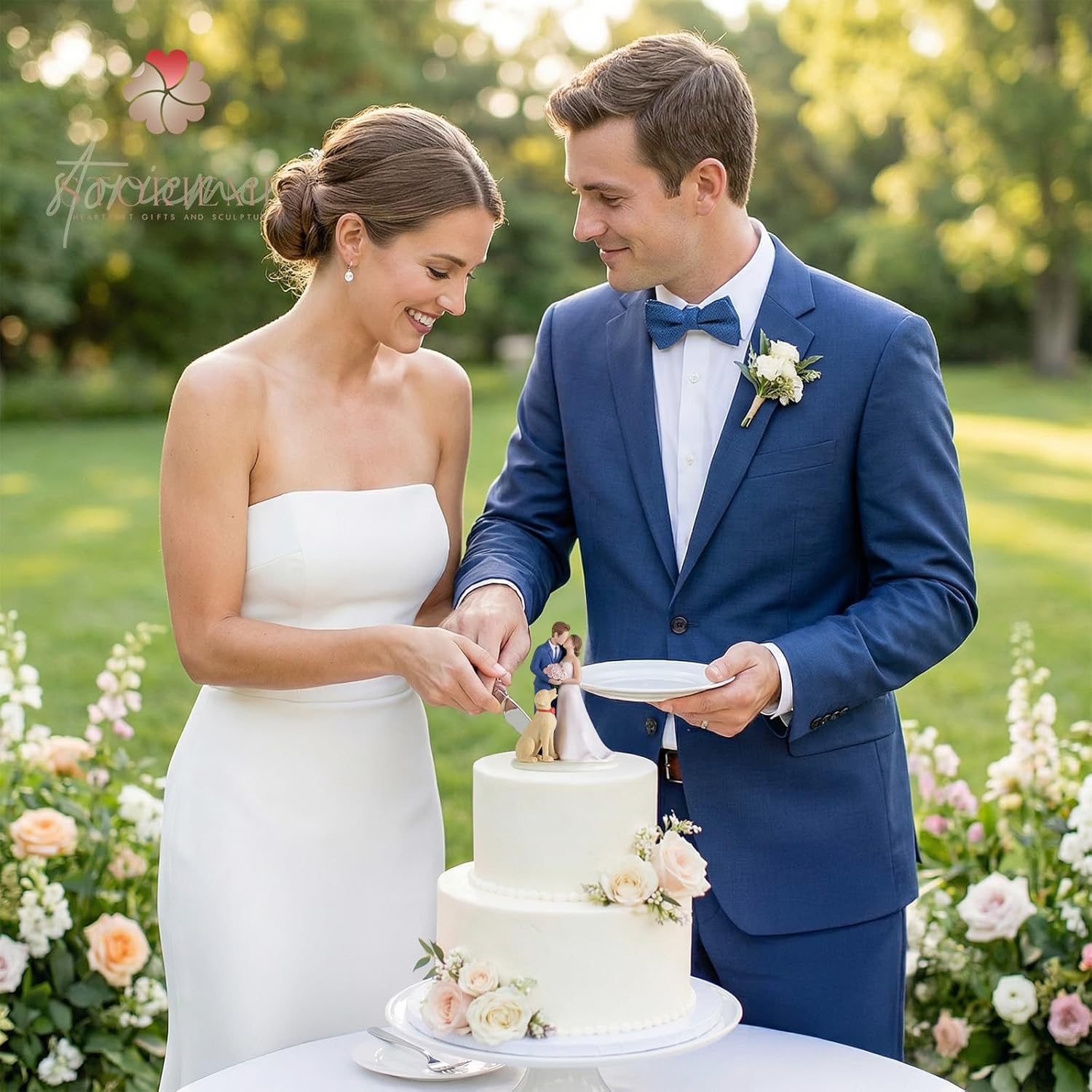 Storieme Bride Groom Cake Topper: Couple and Pet Dog Resin Figurine with Secure Base - Newlyweds Family Gifts for Wedding Anniversary & Engagement - Image 7