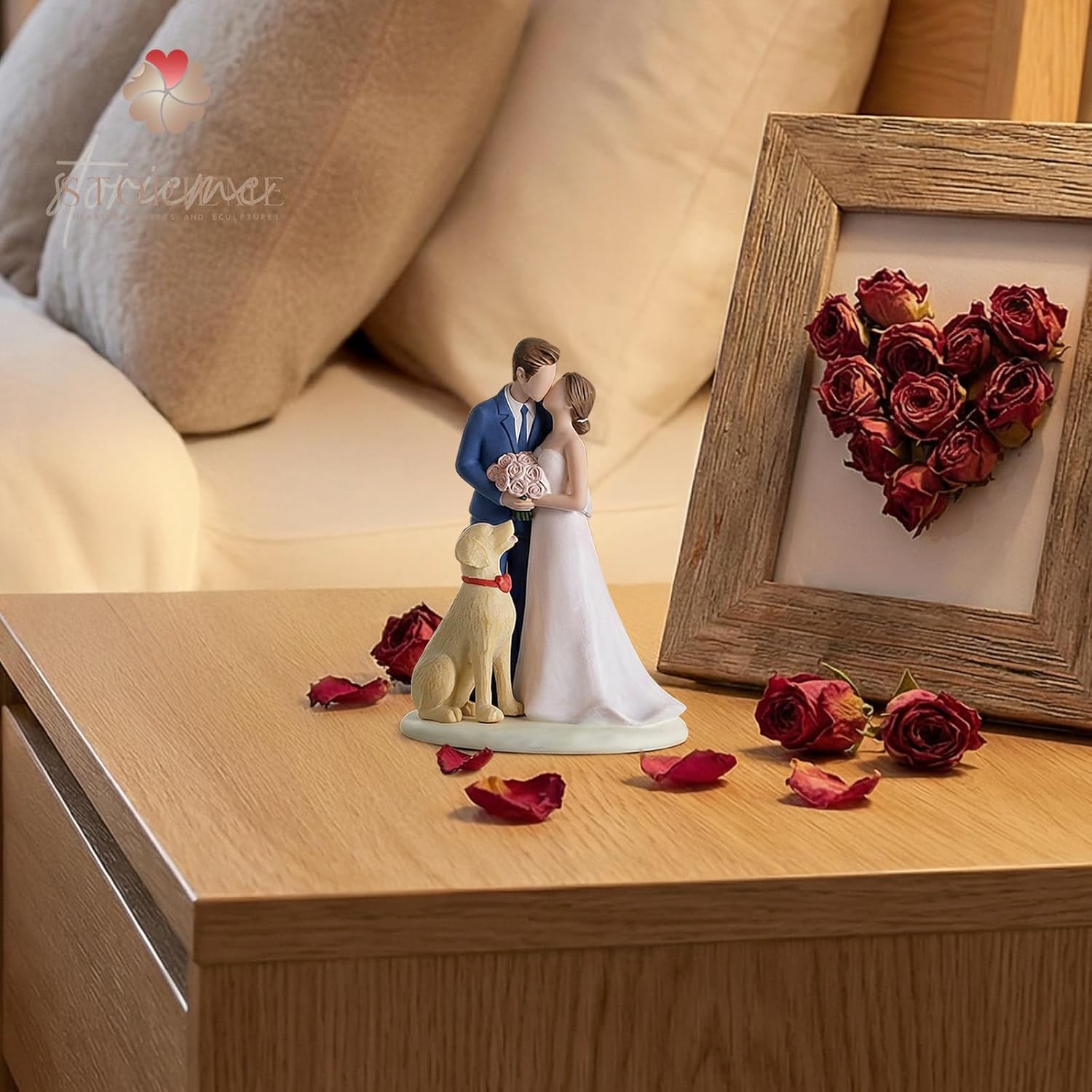 Storieme Bride Groom Cake Topper: Couple and Pet Dog Resin Figurine with Secure Base - Newlyweds Family Gifts for Wedding Anniversary & Engagement - Image 8