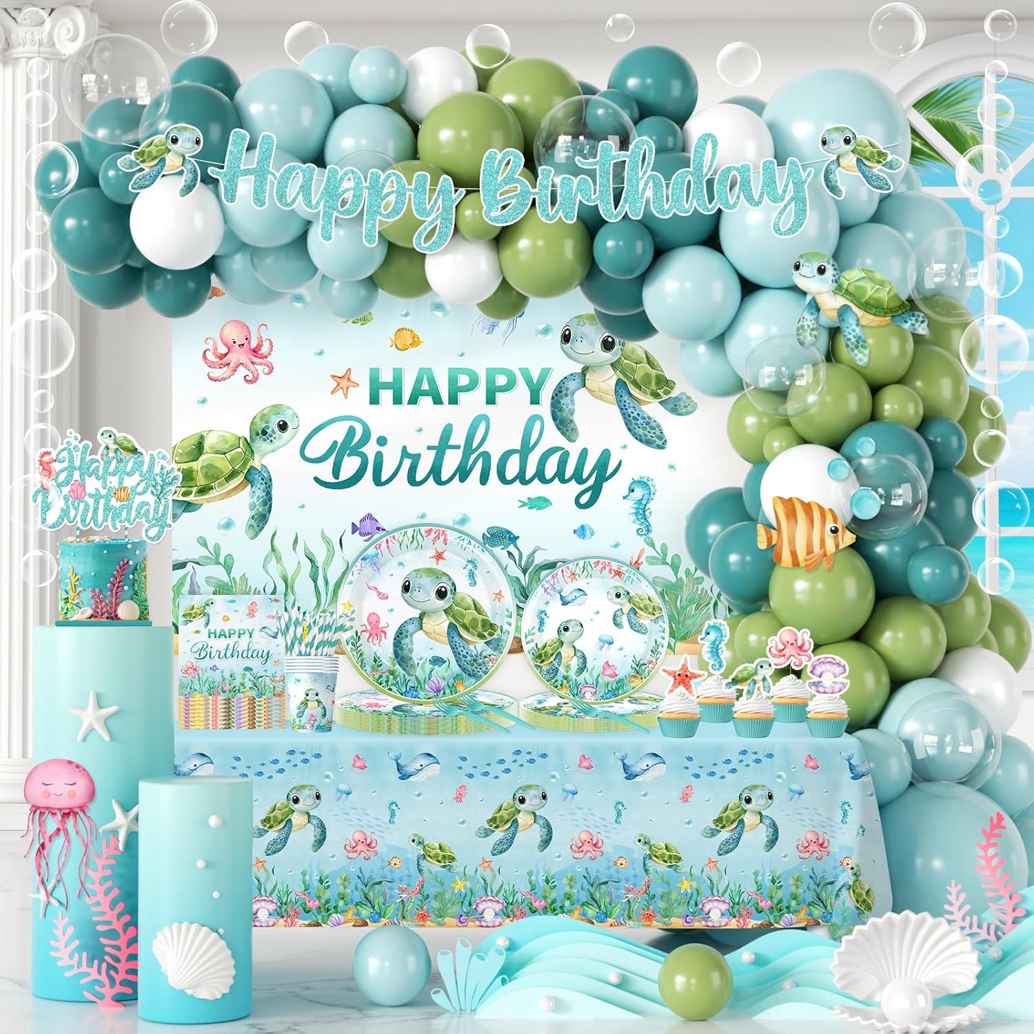 Ocean Birthday Decorations,273pcs Turtle Birthday Decorations Plates and Napkins Cups Banner Backdrop Tablecloth Cake Topper Balloon for Under The Sea birthday Decoration