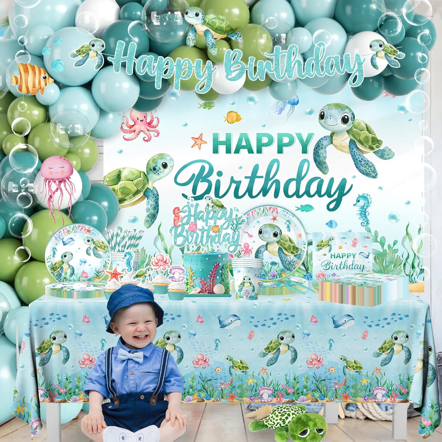 Ocean Birthday Decorations,273pcs Turtle Birthday Decorations Plates and Napkins Cups Banner Backdrop Tablecloth Cake Topper Balloon for Under The Sea birthday Decoration - Image 2