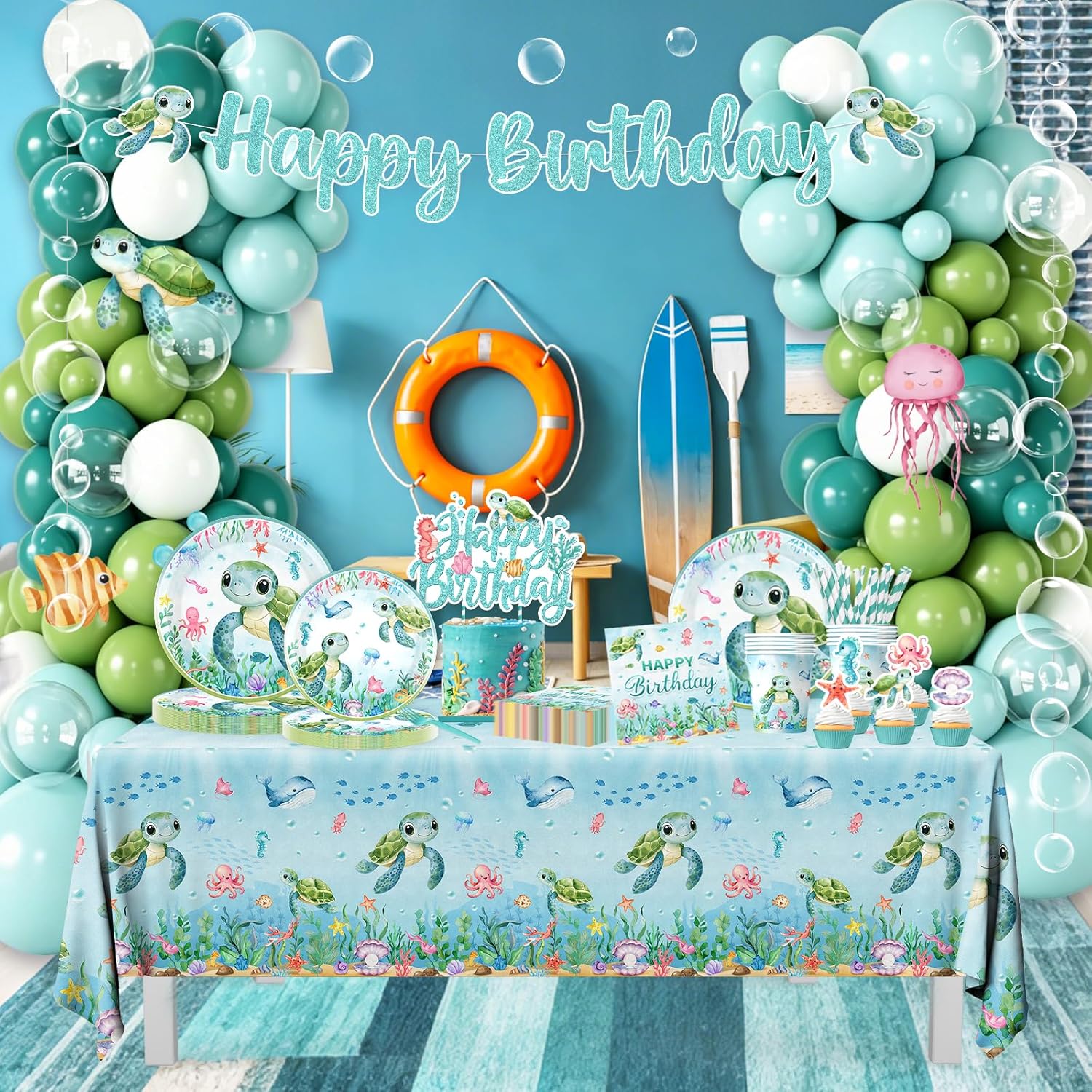 Ocean Birthday Decorations,273pcs Turtle Birthday Decorations Plates and Napkins Cups Banner Backdrop Tablecloth Cake Topper Balloon for Under The Sea birthday Decoration - Image 3
