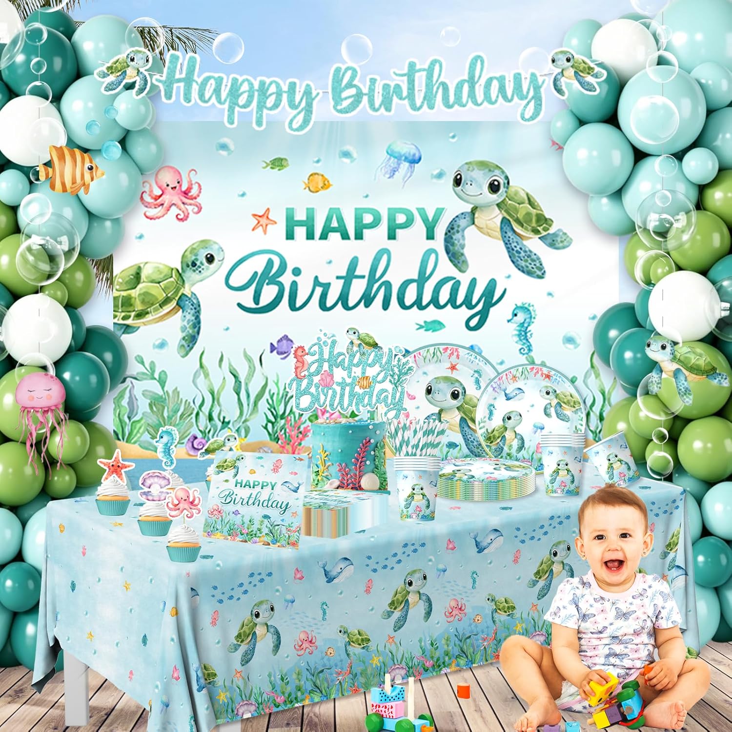 Ocean Birthday Decorations,273pcs Turtle Birthday Decorations Plates and Napkins Cups Banner Backdrop Tablecloth Cake Topper Balloon for Under The Sea birthday Decoration - Image 4