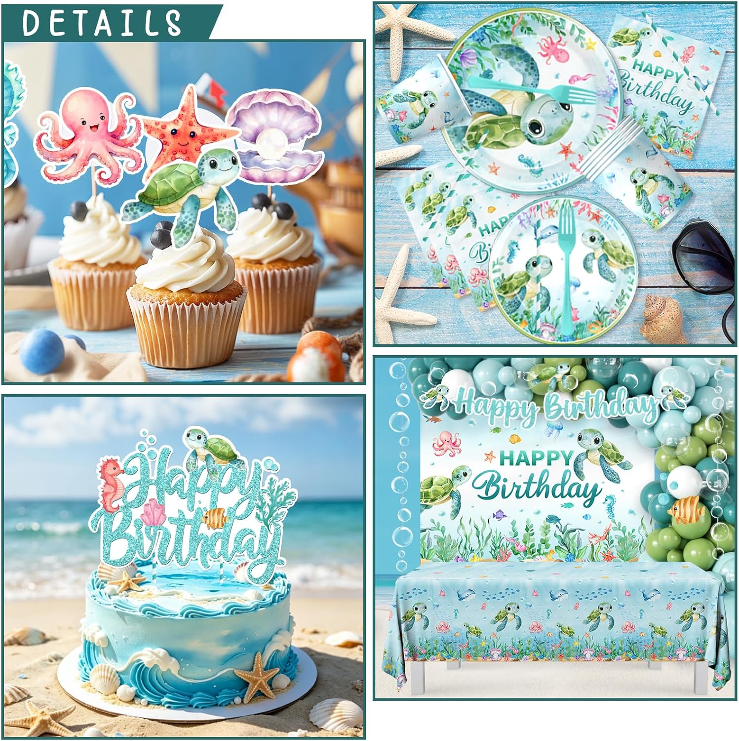Ocean Birthday Decorations,273pcs Turtle Birthday Decorations Plates and Napkins Cups Banner Backdrop Tablecloth Cake Topper Balloon for Under The Sea birthday Decoration - Image 5