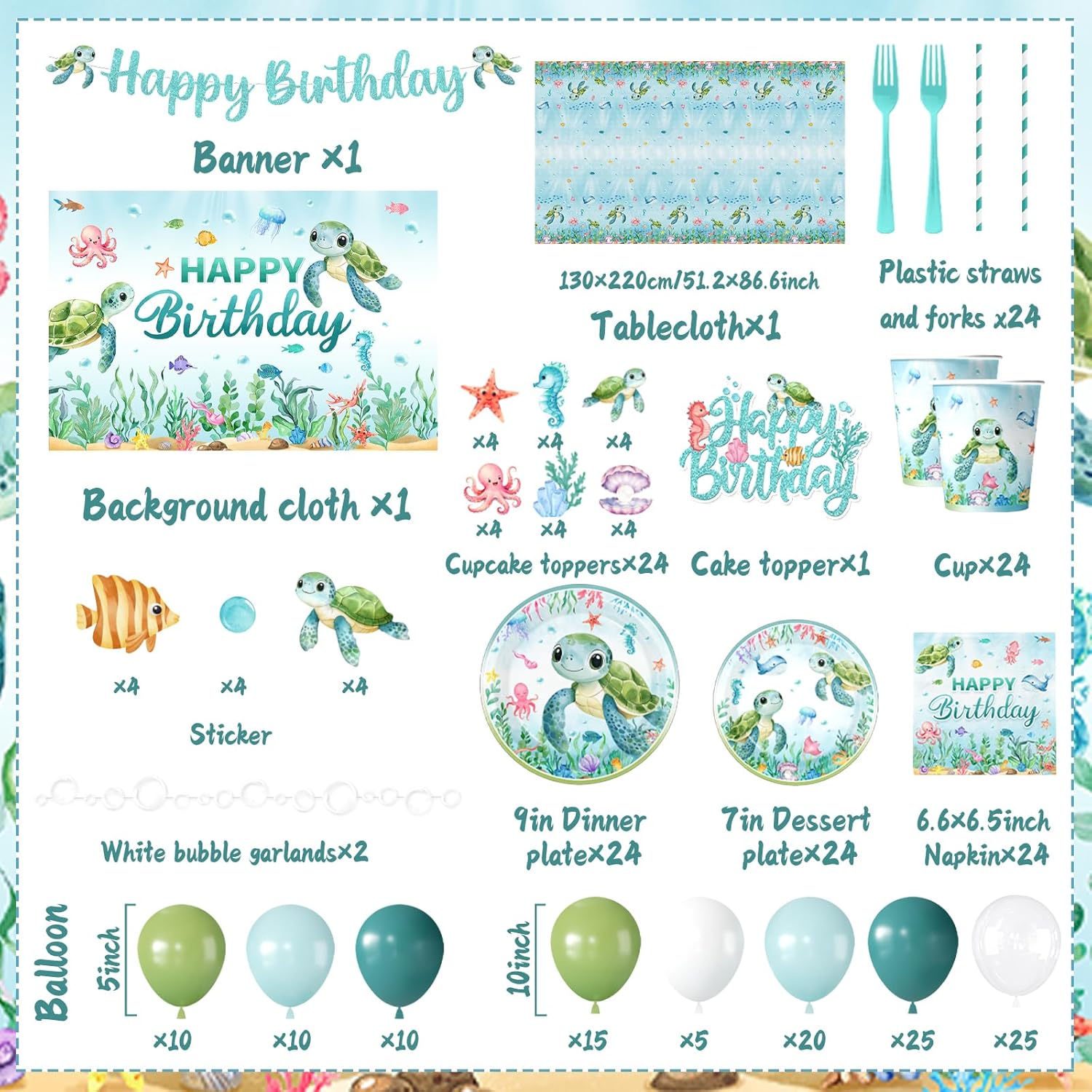 Ocean Birthday Decorations,273pcs Turtle Birthday Decorations Plates and Napkins Cups Banner Backdrop Tablecloth Cake Topper Balloon for Under The Sea birthday Decoration - Image 6