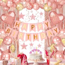 Lutoys Rose Gold Happy Birthday Party Decorations, Happy Birthday Banner, Rose Gold Foil Heart Star Confetti Balloons Curtain Backdrop Hanging Swirls Party Decor for Girls Women Princess