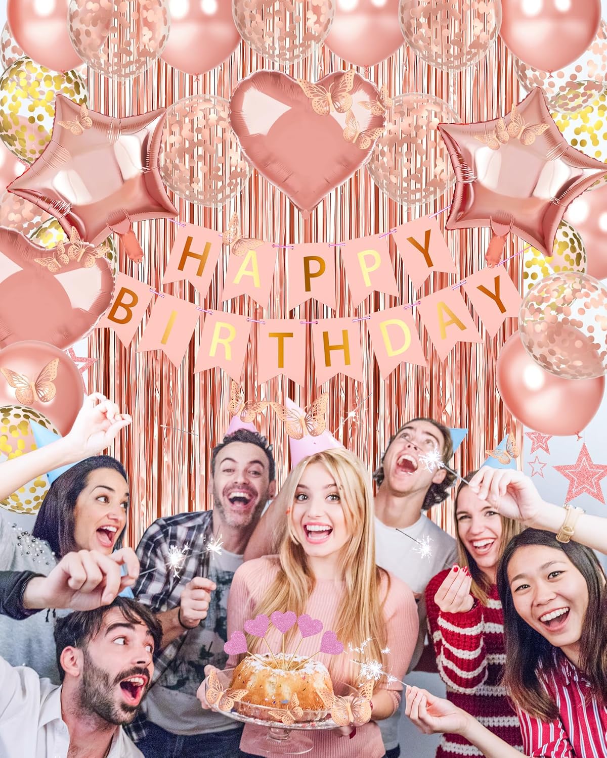 Lutoys Rose Gold Happy Birthday Party Decorations, Happy Birthday Banner, Rose Gold Foil Heart Star Confetti Balloons Curtain Backdrop Hanging Swirls Party Decor for Girls Women Princess - Image 2