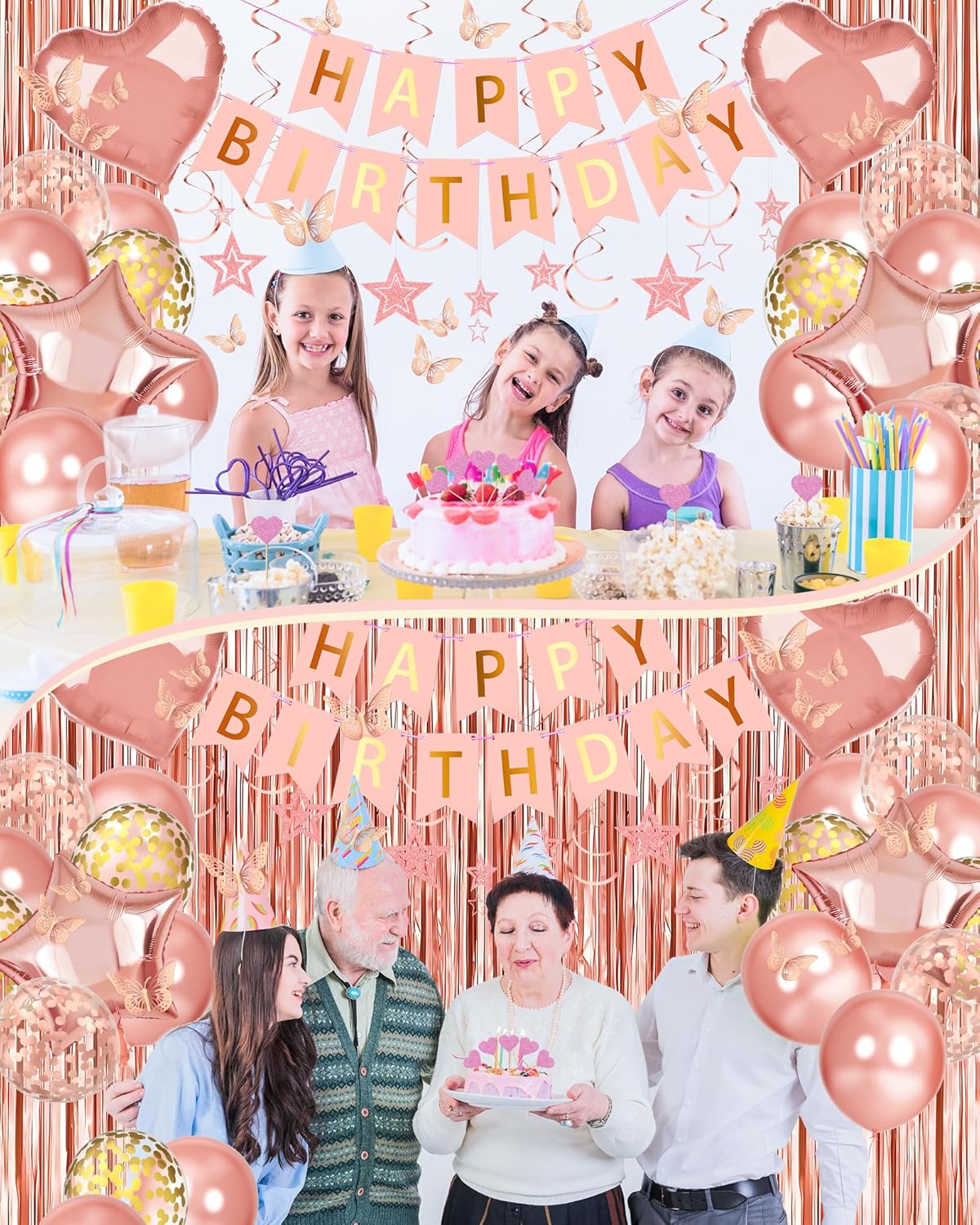 Lutoys Rose Gold Happy Birthday Party Decorations, Happy Birthday Banner, Rose Gold Foil Heart Star Confetti Balloons Curtain Backdrop Hanging Swirls Party Decor for Girls Women Princess - Image 3