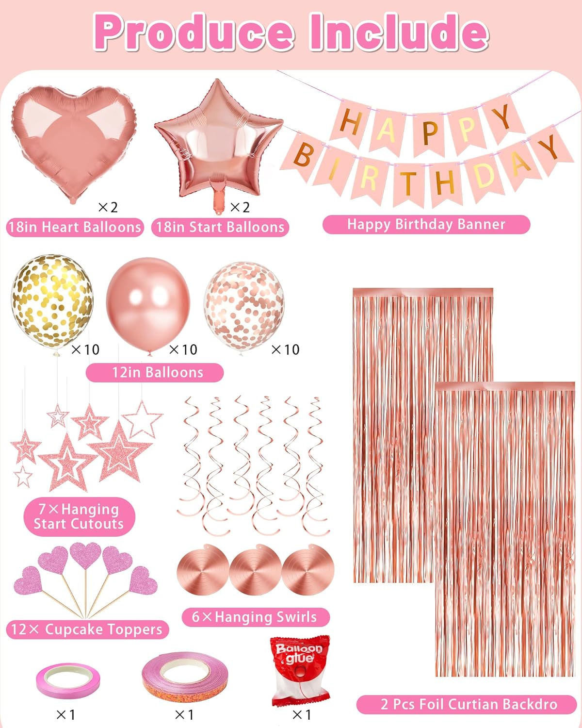 Lutoys Rose Gold Happy Birthday Party Decorations, Happy Birthday Banner, Rose Gold Foil Heart Star Confetti Balloons Curtain Backdrop Hanging Swirls Party Decor for Girls Women Princess - Image 4