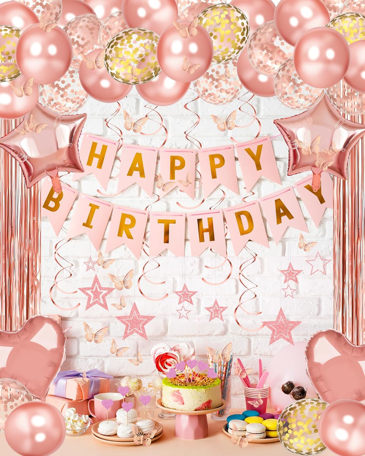 Lutoys Rose Gold Happy Birthday Party Decorations, Happy Birthday Banner, Rose Gold Foil Heart Star Confetti Balloons Curtain Backdrop Hanging Swirls Party Decor for Girls Women Princess - Image 5